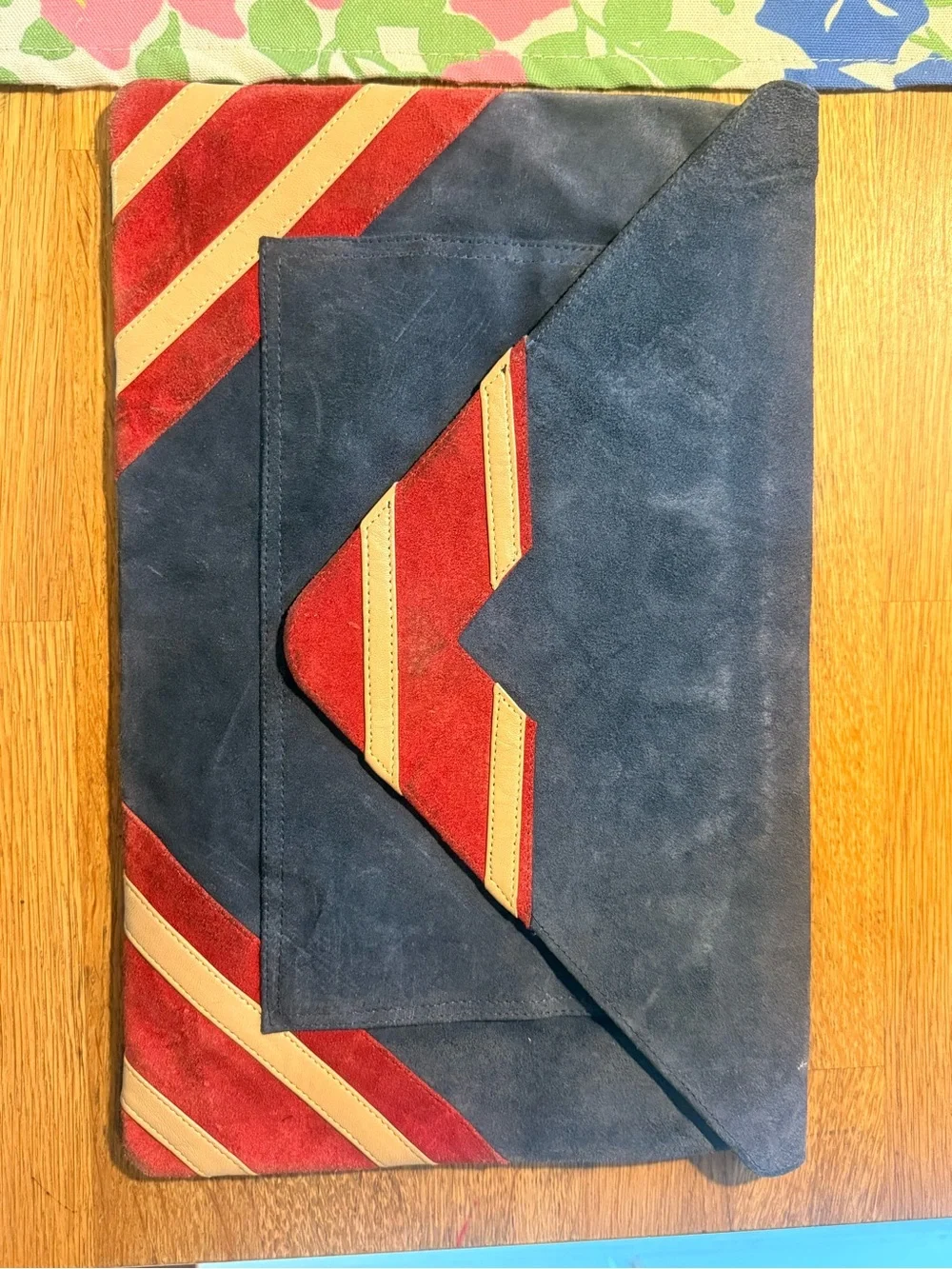 Vintage Suede Envelope Clutch in Navy, Red & Cream